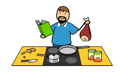 Mann in Küche bereitet Fleisch nach Rezept zu - obrazy, fototapety, plakaty