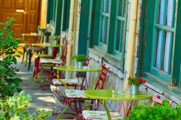 Fototapeta na wymiar outdoor Cafe in spring ioannina greece