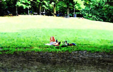 Watercolor painting of a young woman lying down relaxing in a park.