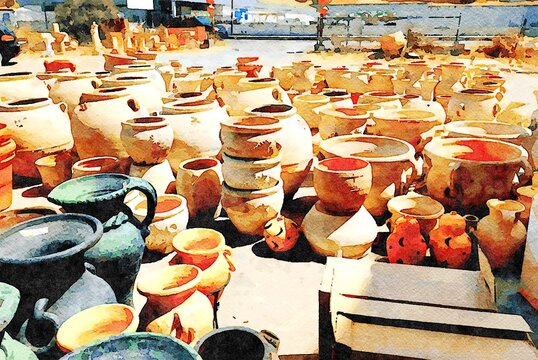 Watercolor painting of clay pots outdoors on a sunny day.