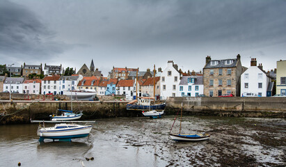 St Monans Harbour, St Monans, Anstruther, Scotland - Cloudy conditions with the tide out revealing...