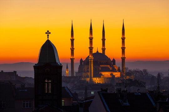 Bulgarian Sveti George Church and Selimiye Mosque at sunset, Edirne, Turkey.
