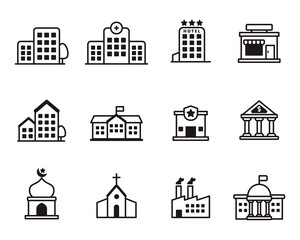 Set of buildings icon with simple black design isolated on white background - obrazy, fototapety, plakaty