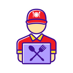 Obraz premium Food delivery guy vector in simple design isolated on white background. Food delivery icon