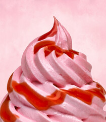 Whipped strawberry cream, frozen yogurt with sauce, syrup or sherbet on pink background.
