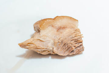 Boiled ham pork thigh on a plate on a white background. Close up. Selective focusing.