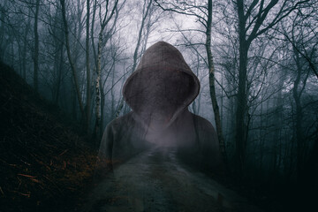 A horror concept of a double exposure of a scary hooded figure with no face. In a moody, foggy forest on a winters evening - obrazy, fototapety, plakaty