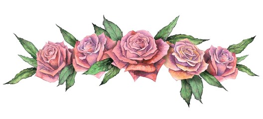 Rosebusch. Pattern from a pink rose. Wedding drawings. Roses garland. Watercolor painting. Greeting Cards. Pink background, watercolor composition. Floral background. Wedding invitation decor