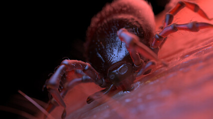 3d rendered illustration of a tick biting into human skin