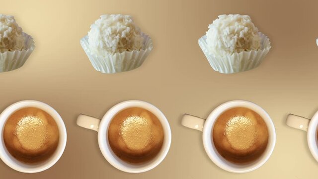 two lines with many cups americano and rafaello candy animated in different direction on the natural beige background. Romantic template for Valentines Day, mothers day and womens day 8 march concept