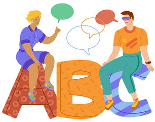 Cartoon illustration with people sitting on big letters and discussing.