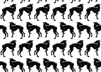 Standing black greyhound dog seamless vector pattern on white background.