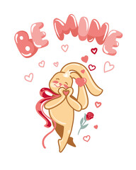 Happy bunny congratulates on the holiday Happy Valentine's Day. Postcard, invitation. Vector.