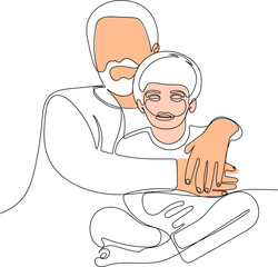 One continuous line is a concept. Continuous drawing of a line of a family portrait grandfather hugging adorable little grandson. Vector illustration