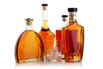 Four bottles of alcoholic beverages and a glass