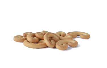 a handful of bagels in close-up on a white background. Isolated