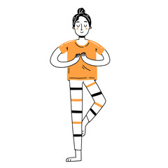 Young happy girl is engaged in yoga. Illustration with character in simple cute doodle style.