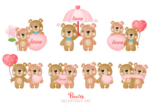 Watercolor cute teddy bear love valentines day, Digital painting