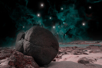 Fantastic alien mountain landscape with stone artifact and space nebula in the sky