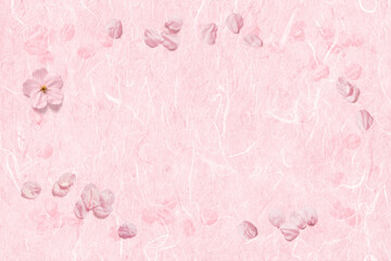 漉き込んだ桜と舞い散る桜、花びらフレームの桃色和紙