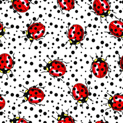 Vector seamless pattern of randomly scattered red ladybugs on black dotted white background.