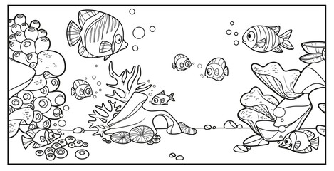 Underwater inhabitants against the backdrop of the seabed with corals, algae, stones and anemones outlined variation for coloring page