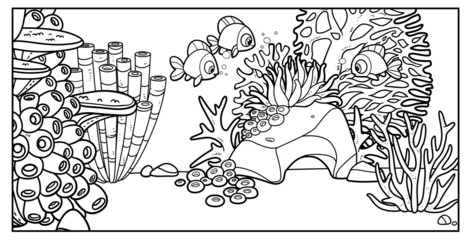 Underwater inhabitants against the backdrop of the seabed with corals, algae and stones outlined variation for coloring page