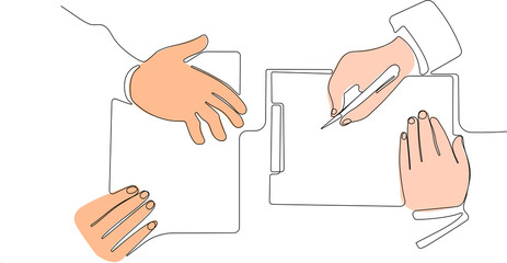 Continuous line drawing of a interview attractive executives man and woman asking questions to applicant about work history. One continuous line is the concept. Vector illustration