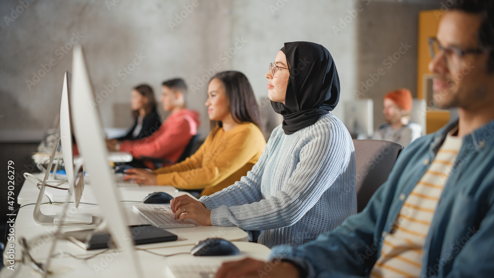 Aufkleber smart muslim female student in hijab studying in university with diverse multiethnic classmates. app