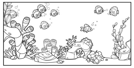 Fishes against the backdrop of the seabed with corals, algae, stones and anemones outlined variation for coloring page