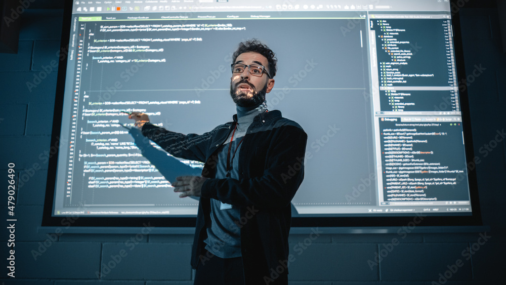 Aufkleber Teacher Giving Computer Science Lecture to Diverse Multiethnic Group of Female and Male Students in Dark College Room. Projecting Slideshow with Programming Code. Explaining Information Technology.