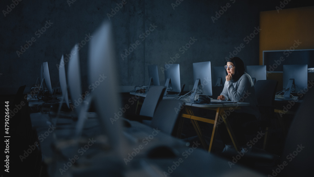 Aufkleber Young Muslim Female Student Sitting Alone in College Informatics Room, Working Late Evenings on Computer Science Project. Scholar Study IT on Computer in University, Writing Homework in Class.