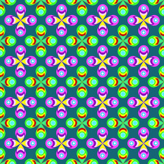 Abstract floral and psychedelic colorful seamless vector pattern of 4 petals flowers.