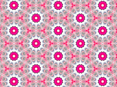 A sophisticated kaleidoscopic pattern in vibrant pink,  grey and white colors. An elaborate fashion surface print for textile design, packaging, wrapping paper and stationery.