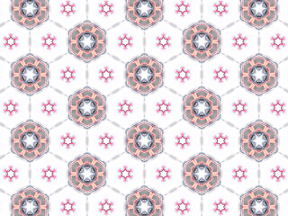 A sophisticated kaleidoscopic pattern in vibrant pink,  grey and white colors. An elaborate fashion surface print for textile design, packaging, wrapping paper and stationery.