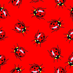 Vector seamless pattern of randomly scattered red ladybugs on red background.
