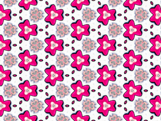 A sophisticated kaleidoscopic pattern in vibrant pink, red, grey and white colors. An elaborate fashion surface print for textile design, packaging, wrapping paper and stationery.