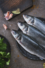 Fresh raw fish Seabass on a black plate with spices. Three fresh Sea Bass fishes with garlic, bay leaf and peppers on a black plate. Seafood concept.