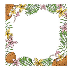 Frame with tropical leaves and coconut fruits. Vector illustration for printing