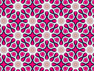 A sophisticated kaleidoscopic pattern in vibrant pink, red, grey and white colors. An elaborate fashion surface print for textile design, packaging, wrapping paper and stationery.
