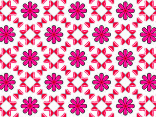 A sophisticated kaleidoscopic pattern in vibrant pink, red, grey and white colors. An elaborate fashion surface print for textile design, packaging, wrapping paper and stationery.