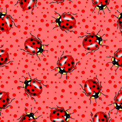Vector seamless pattern of randomly scattered red ladybugs on pink and red polka dot background.