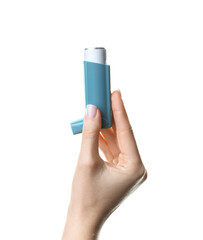 Female hand with asthma inhaler on white background