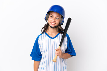 Baseball Russian girl player with helmet and bat isolated on white background looking to the side and smiling