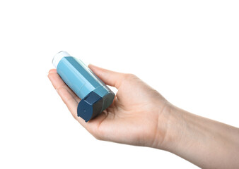 Woman holding modern asthma inhaler on white background