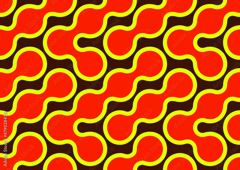 Poster abstract vintage 60's and 70's style shapes of orange and yellow blobs on brown background in seamle
