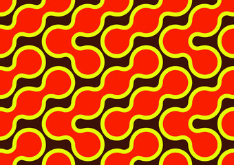 Abstract vintage 60's and 70's style shapes of orange and yellow blobs on brown background in seamless vector pattern.