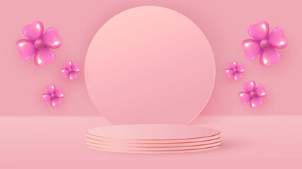 Fototapeta na wymiar Minimalistic scene with pink cylindrical podium, round frame and flowers from balloons. Scene for the demonstration of a cosmetic product, showcase. Vector