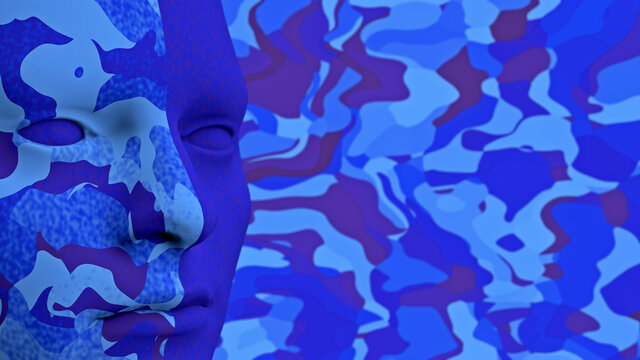 Gesicht mit Tarnfarbe vor camouflage blaut&ouml;ne Hintergrund - Tarnen - Verstecken - T&auml;uschen