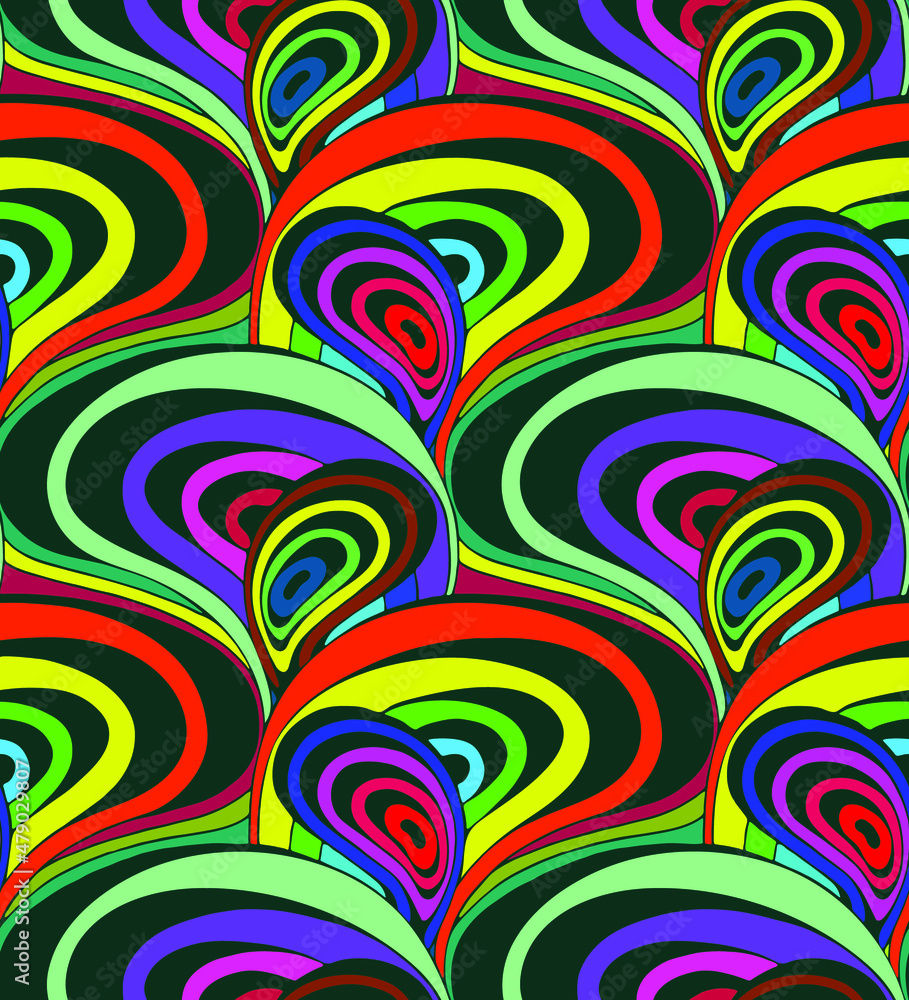 Poster psychedelic colorful seamless vector pattern of waving lines in the 60's and 70's optical art style.